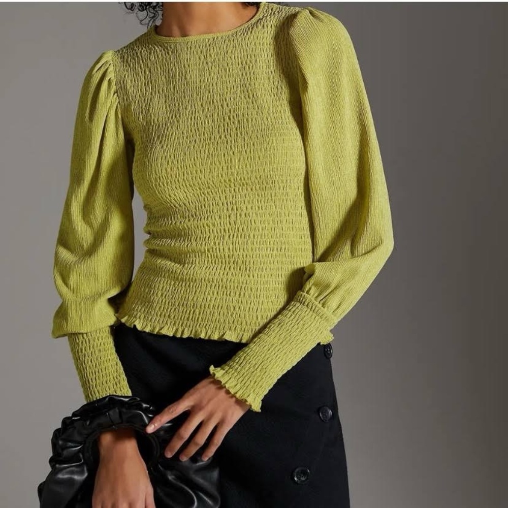 Anthropologie Smocked Puff-sleeved Top in Leaf Green
